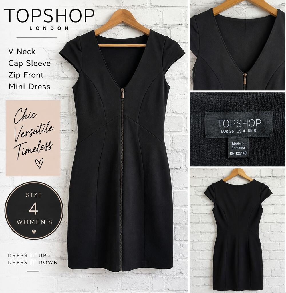 Topshop V-Neck Zip Up Mini Dress Cap Sleeve Black Women’s 4